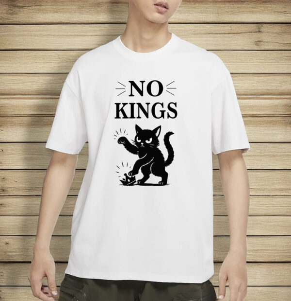 Anti-MAGA Protest Tee with Angry Cat & Crown Smash Graphic, No Kings Shirt