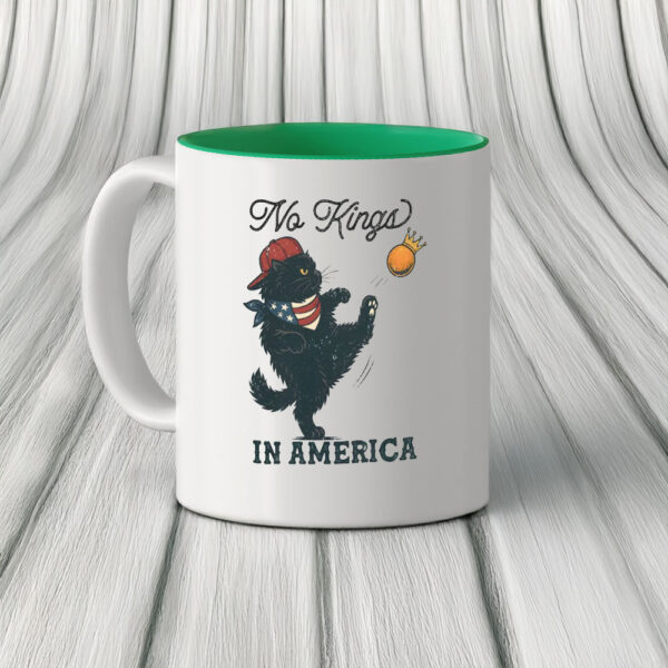 Black Cat Kicking Orange, No Kings in America Mug