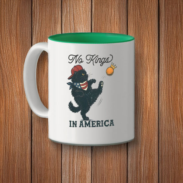 Black Cat Kicking Orange, No Kings in America Mug