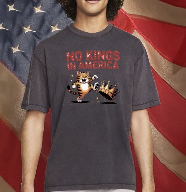 Funny Patriotic Political Satire T-Shirt, No Kings in America Tabby Cat Shirt