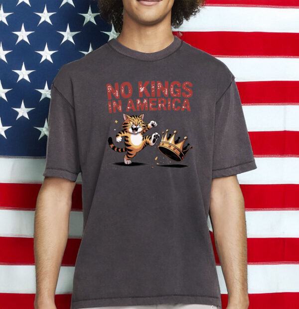 Funny Patriotic Political Satire T-Shirt, No Kings in America Tabby Cat Shirt