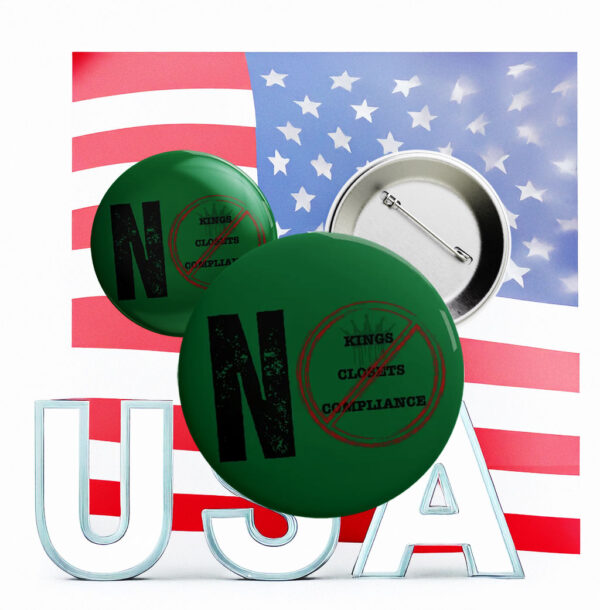 Green Protest Pin for LGBTQ+ & Anti-Authoritarian Activism, No Kings No Closets No Compliance Button