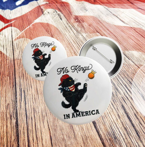 No Kings In America Black Cat Button
