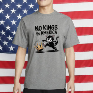 Patriotic Political Satire Tee, No Kings in America Black Cat Shirt