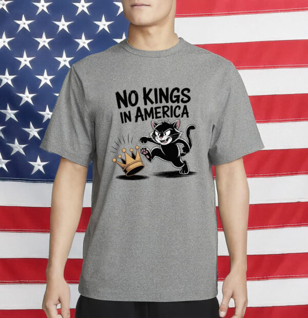 Patriotic Political Satire Tee, No Kings in America Black Cat Shirt