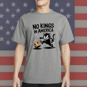 Patriotic Political Satire Tee, No Kings in America Black Cat Shirt