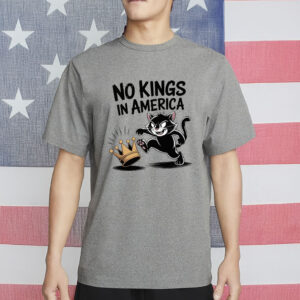 Patriotic Political Satire Tee, No Kings in America Black Cat Shirt