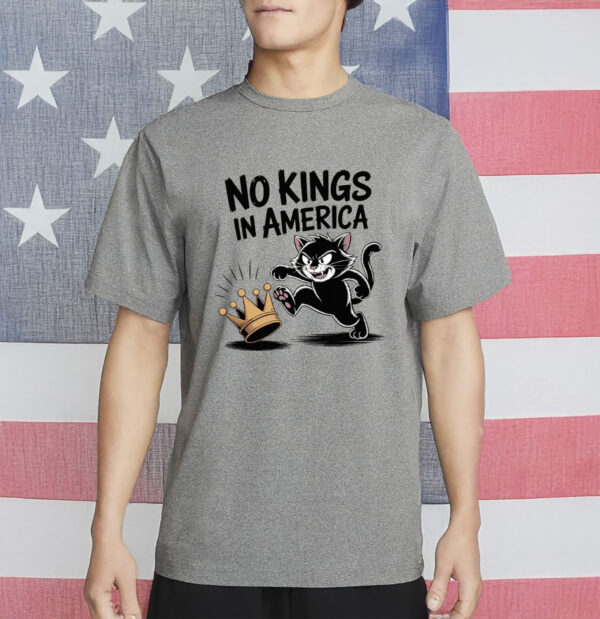 Patriotic Political Satire Tee, No Kings in America Black Cat Shirt